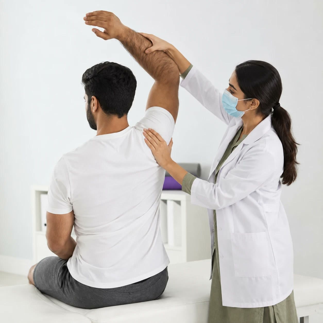 A physiotherapist working through the muscles of a patient's upper back